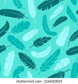 Bird feather seamless pattern. Blue feathers silhouettes print, multicolor beauty plumage elements silhouettes. Boho vintage tidy vector texture