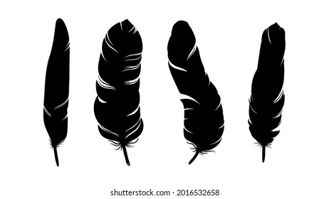 Bird feather silhouette  Decorative set feathers isolated in white background  Hand drawn vector illustration