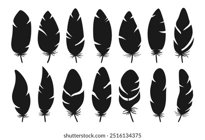 Bird Feather silhouette set. Stylized bird feathers shape for ethnic boho folk art. Icon design decorated birds feathers different abstract silhouette sign. Isolated vector illustration clipart