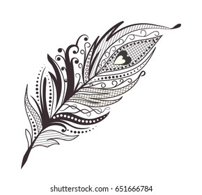 Bird feather, vector vintage ethnic feather. Hand drawn decorative floral zentangle feathers.