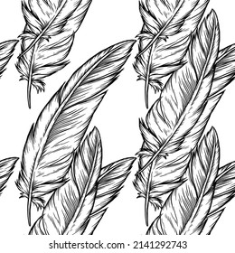 Bird feather in vintage style. Plumelet seamless pattern, hand drawn in vector.