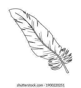 Bird feather. For wedding invitations, cards, tickets, congratulations, branding, logo labels, emblems. Drawn by contour on a white background. Vector illustration.