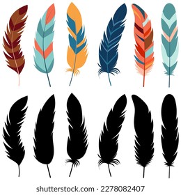 bird feathers in doodle style, vector collection