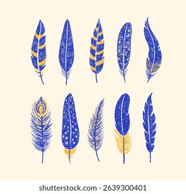 Bird feathers drawn with color crayon pencils. Pastel sketch of blue peacock, chicken, bird plumes. Set of boho feathers, quills with pattern and crayon or chalk texture, vector illustration