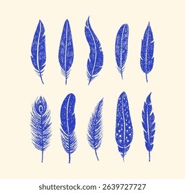 Bird feathers drawn with color crayon pencils. Pastel sketch of blue peacock, chicken, bird plumes. Set of boho feathers, quills with pattern and crayon or chalk texture, vector illustration