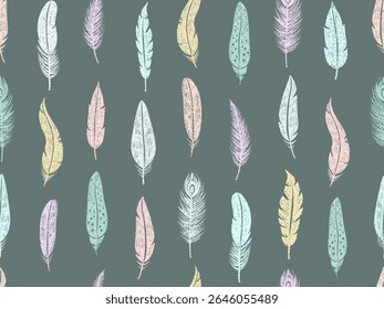 Bird feathers drawn with color crayon pencils. Seamless pattern with doodle bird plumes in chalk texture. Cute boho feathers, quills with pattern and crayon or chalk texture, vector illustration