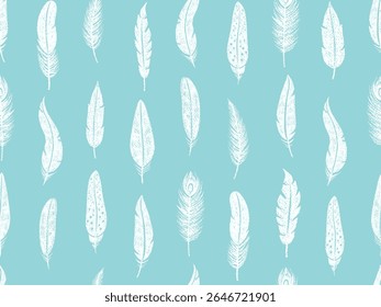 Bird feathers drawn with color crayon pencils. Seamless pattern with doodle bird plumes in chalk texture. Cute set of boho feathers, quills with pattern and crayon or chalk texture, vector illustratio