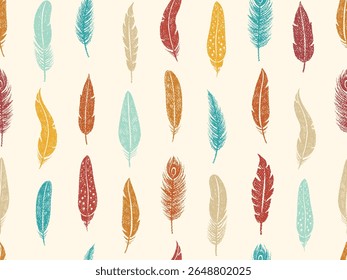 Penas de pássaro desenhadas com lápis de cera colorido. Padrão sem emenda com plumas de pássaro doodle na textura de giz. Conjunto bonito de penas de boho, penas com padrão e creiom ou textura de giz, ilustração vetorial