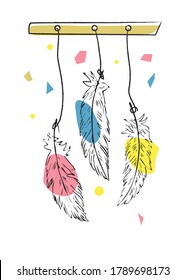 bird feathers hang on strings - dream catcher. Poster or print on a t-shirt bag. objects isolated on white, vector black contour and color spots on white illustration.