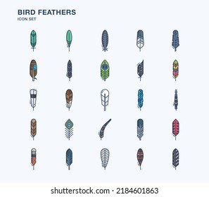 Bird Feathers linear coloured icon set