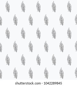 Bird feathers repeated. Openwork feathers silhouettes. Seamless pattern.