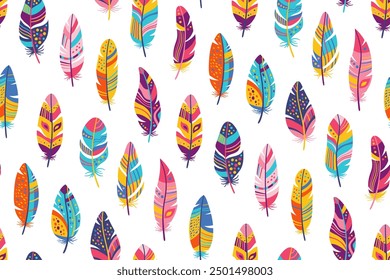 Bird feathers seamless pattern. Bohemian feather abstract boundless background. Feather ornament endless design paper print, fabric textile. Colorful elegant wrapper backdrop template stylized vector