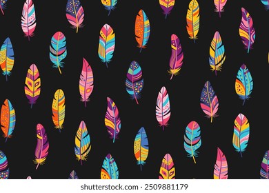 Plumas de pájaro sin patrón. Fondo ilimitado abstracto de la pluma bohemia. Ornamento de la pluma sin fin de impresión de papel de diseño, tela textil. Colorido elegante Plantilla de fondo de envoltura Vector estilizado