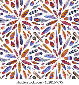 Las plumas de pájaro son un patrón impecable. Colorido desplome de fondo inoxidable. Diseño textil o de tela con plumas de pájaros dibujadas a mano y píldora de dibujos animados.