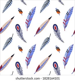 Bird feathers seamless pattern. Colorful decorative plumage seamless background. Textile or fabric design with hand drawn birds plume and cartoon quill.