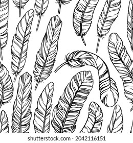 Bird feathers in seamless pattern. Decorative tile with feathers in white background. Hand drawn vector illustration