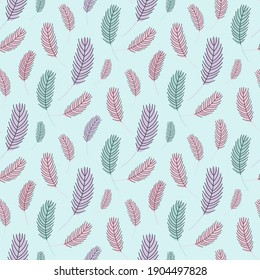 Bird feathers seamless pattern. Easter pattern with chicken feathers. Vector flat illustration. Design for textiles, packaging, wrappers, greeting cards, paper, printing.