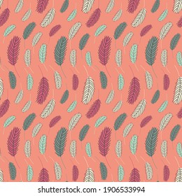 Bird feathers seamless pattern. Easter pattern with chicken feathers. Vector flat illustration. Design for textiles, packaging, wrappers, greeting cards, paper, printing