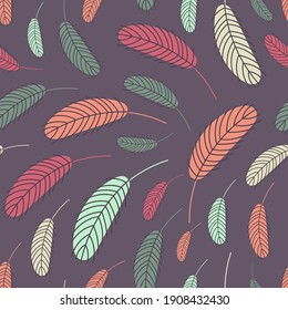Bird feathers seamless pattern. Easter pattern with chicken feathers. Vector flat illustration. Design for textiles, packaging, wrappers, greeting cards, paper, printing