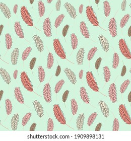 Bird feathers seamless pattern. Easter pattern with chicken feathers. Vector flat illustration. Design for textiles, packaging, wrappers, greeting cards, paper, printing.
