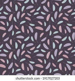 Bird feathers seamless pattern. Easter pattern with chicken feathers. Vector flat illustration. Design for textiles, packaging, wrappers, greeting cards, paper, printing.