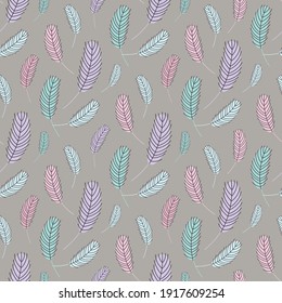 Bird feathers seamless pattern. Easter pattern with chicken feathers. Vector flat illustration. Design for textiles, packaging, wrappers, greeting cards, paper, printing.