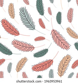 Bird feathers seamless pattern. Easter pattern with chicken feathers. Vector flat illustration. Design for textiles, packaging, wrappers, greeting cards, paper, printing.