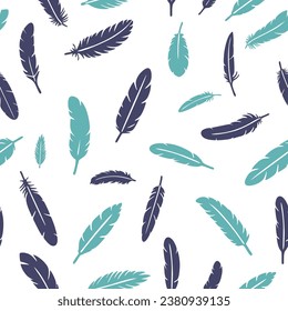 Bird feathers seamless pattern. Feather silhouette background. Plumelet collection. Vector isolated on white