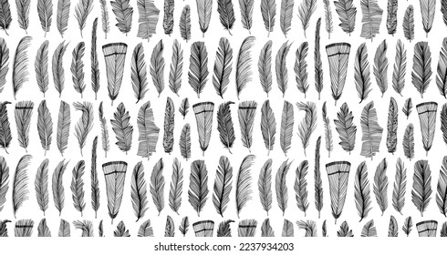 Bird feathers seamless pattern. Hand drawn simple fluffy plumes. Black and white abstract animal seamless pattern. Vector quill feathers. Elegant sketch drawing in doodle or engraving style. 