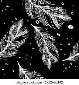 Bird feathers seamless pattern. Monochrome background. Vector illustration