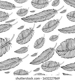 Bird feathers, seamless pattern on a white background. For packaging, textiles, Wallpaper. Hand-drawn. Vector