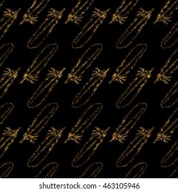 Bird feathers. Seamless pattern. Scratched texture. Golden colored background. Grunge backdrop. For wallpaper, decoration or printing on fabric.