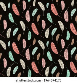 Bird feathers seamless pattern. Pattern with feathers. Vector flat illustration. Design for textiles, packaging, wrappers, greeting cards, paper, printing.