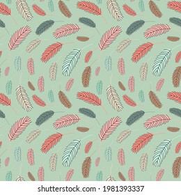 Bird feathers seamless pattern. Pattern with feathers. Vector flat illustration. Design for textiles, packaging, wrappers, greeting cards, paper, printing.