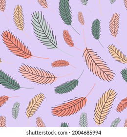 Bird feathers seamless pattern. Pattern with feathers. Vector flat illustration. Design for textiles, packaging, wrappers, greeting cards, paper, printing.