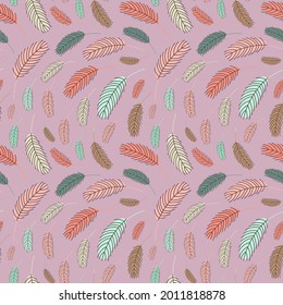 Bird feathers seamless pattern. Pattern with feathers. Vector flat illustration. Design for textiles, packaging, wrappers, greeting cards, paper, printing.