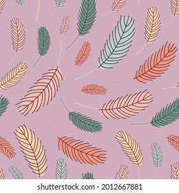 Bird feathers seamless pattern. Pattern with feathers. Vector flat illustration. Design for textiles, packaging, wrappers, greeting cards, paper, printing.