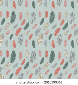 Bird feathers seamless pattern. Pattern with feathers. Vector flat illustration. Design for textiles, packaging, wrappers, greeting cards, paper, printing.