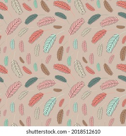 Bird feathers seamless pattern. Pattern with feathers. Vector illustration. Design for textiles, packaging, wrappers, greeting cards, paper, printing.