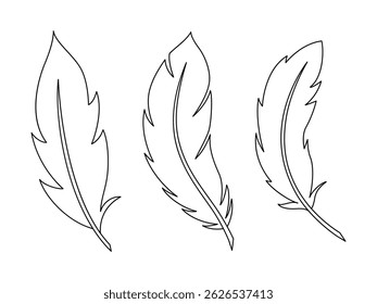 Bird Feathers set isolated on white. Linear vector outline collection in cartoon style.