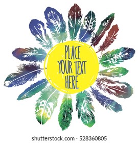 Bird feathers for the text in the boho style. Vector drawing in vintage style .