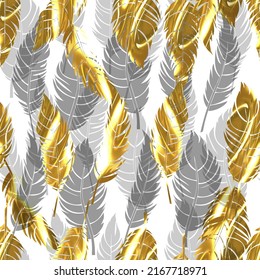 bird feathers vector seamless pattern with gold