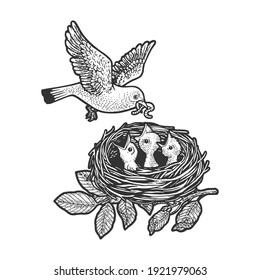 Bird feed chicks sketch engraving vector illustration. T-shirt apparel print design. Scratch board imitation. Black and white hand drawn image.