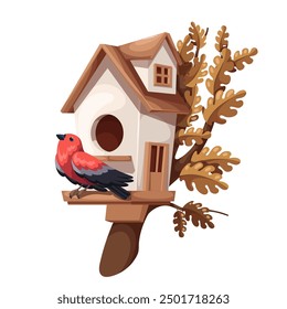 Alimentador de pájaros con animales en ramas de dibujos animados de roble de otoño. Divertida casa de madera retro con agujero redondo, puerta y ventana, pájaro sentado en tablón. Mascota de ornitología, Ilustración vectorial de birdhouse de dibujos animados