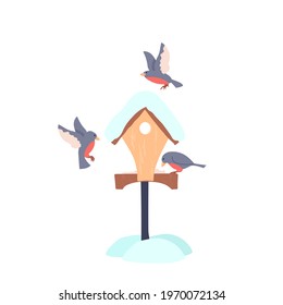 Bird feeder and birds. Feeding birds at winter. Vector illustration