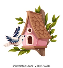 Bird feeder, cartoon animal flying to hole of wooden house. Funny retro pink birdhouse with brown tile roof on tree branch, ornithology mascot, cartoon handmade forest birdfeeder vector illustration