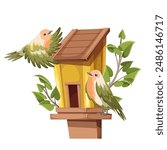 Bird feeder, cartoon birdhouse for feeding forest birds. Funny small green and pink birdies and wooden box for nest, ornithology care of animals mascot, cartoon birdfeeder vector illustration