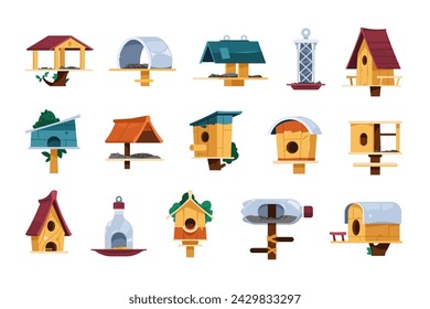 Alimentador de aves. Casas de madera caseras de la historieta, coloridos lectores del bricolaje para la decoración casera, primavera nido de la naturaleza para los pollitos. Conjunto de vectores de ilustración casera casera de pajarera