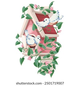 Bird feeder, cartoon house wrapped in climbing plant with pink flowers and leaves. Funny retro wooden house of spring park or garden, birdhouse mascot, cartoon home of cute birds vector illustration