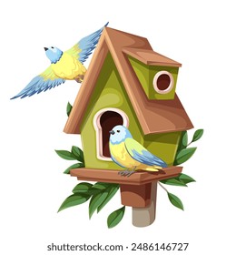 Bird feeder, cartoon wooden house for nest and feeding of animals. Funny retro craft small building with flying and sitting birds and leaves, ornithology mascot, cartoon birdfeeder vector illustration